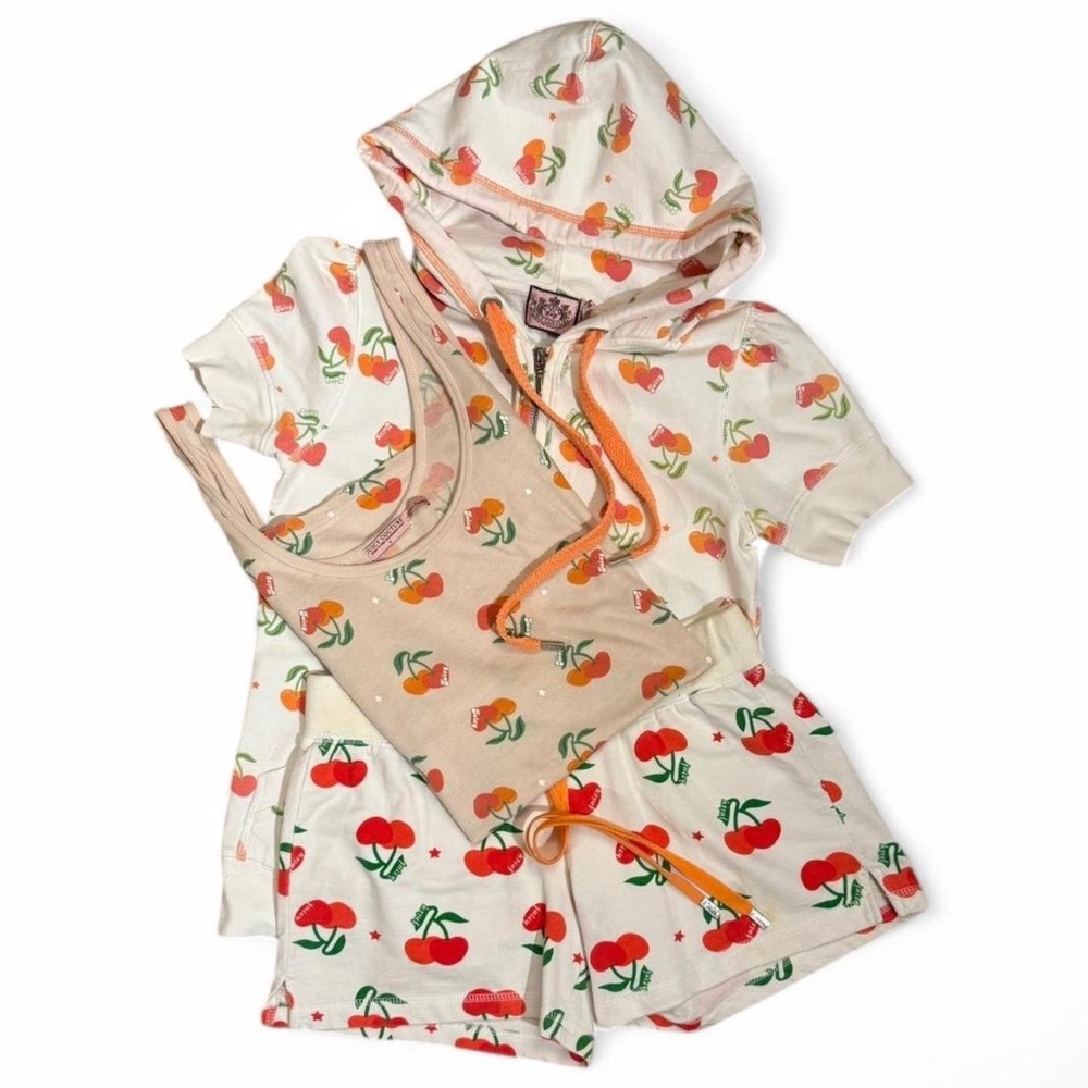 Three Piece Complementary Juicy Cherry print hoodie, shorts and tank set in Very